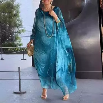 Женское платье макси с струящимся круглым вырезом и нерегулярными рукавами «летучая мышь», двухслойное мраморное платье с принтом, длина до щиколотки, повседневное платье макси 3XL красный