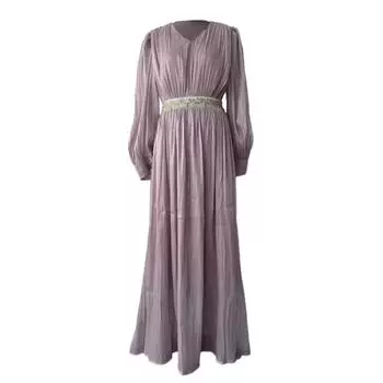 Женское платье макси с V-образным вырезом, длинным рукавом, облегающим талию, длинное платье с плиссированным струящимся подолом, платье из тонкой пряжи S розовый