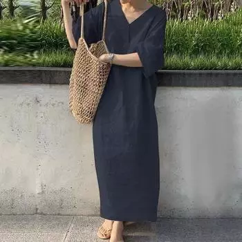 Женское платье макси с V-образным вырезом, на пуговицах, с коротким рукавом, свободного кроя, летнее, женское, для отдыха, пляжная одежда, песочное, прямое, для вечеринки XXXXL синий