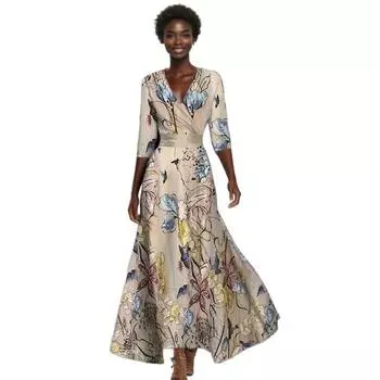 Женское платье макси с V-образным вырезом, коротким рукавом и высокой талией, длинное платье с цветочным принтом, большим подолом, платье А-силуэта, повседневная одежда для вечеринок S шампанского