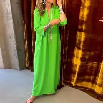 Женское платье макси с V-образным вырезом, однотонное свободное платье с рукавами три четверти до щиколотки, платье-халат для летних каникул 2XL чёрный