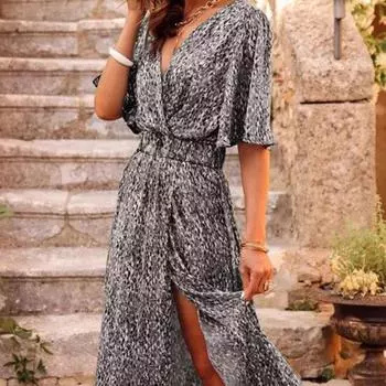 Женское платье макси с v-образным вырезом и половиной рукавом, пояс, средней посадки, разрез, струящийся подол, цветочный принт, пляжное длинное платье в стиле ретро, женская одежда