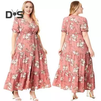 Женское платье макси с v-образным вырезом и коротким рукавом, эластичное длинное платье с высокой талией, длинное платье с разрезом спереди и рюшами, богемное платье с цветочным принтом