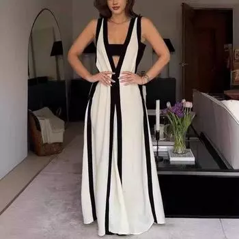 Женское платье макси с v-образным вырезом без рукавов контрастного цвета, свободное длинное платье, двустороннее праздничное платье XL черный белый