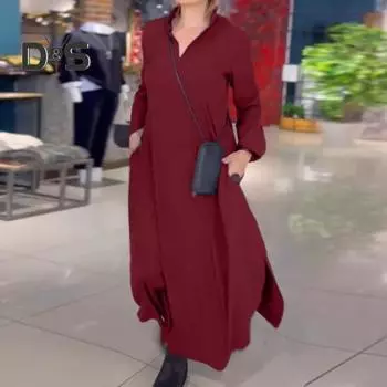 Женское платье макси с V-образным вырезом, свободным разрезом по низу, однотонное, с длинным рукавом, мягкое, дышащее, длиной до щиколотки, А-силуэт, женское платье на осень и весну L чёрный