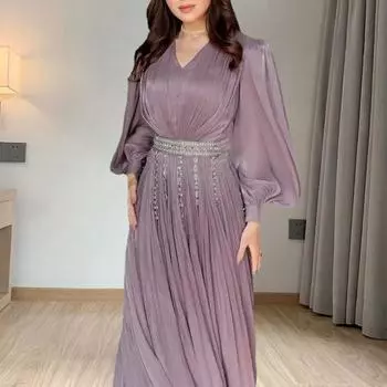 Женское платье макси с V-образным вырезом, длинным рукавом, облегающим талию, длинное платье с плиссированным струящимся подолом, платье из тонкой пряжи S розовый