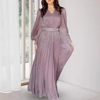 Женское платье макси с V-образным вырезом, длинным рукавом, облегающим талию, длинное платье с плиссированным струящимся подолом, платье из тонкой пряжи S розовый