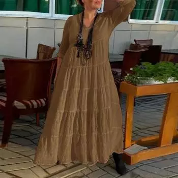 Женское платье макси с V-образным вырезом, длинными рукавами, однотонное длинное платье с оборками, плиссированным подолом, летнее платье для отдыха S темно-синий