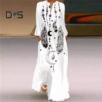 Женское платье макси с винтажным принтом бабочек, свободного покроя, с длинным рукавом, V-образным вырезом, свободным подолом, длиной до щиколотки, мягкое дышащее платье А-силуэта для женщин, длинное платье L разноцветный