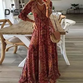 Женское платье макси с винтажным принтом, глубоким V-образным вырезом, высокой талией, рукавом три четверти, лоскутное платье со свободным подолом в богемном стиле, мягкое платье длиной до пола 3XL красный