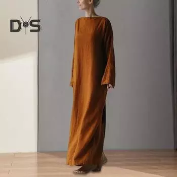 Женское платье макси с вырезом «бато» и длинным рукавом, со свободной талией, на шнуровке, длинное платье, однотонное, свободное, тонкое, повседневное, платье 3XL кофейный