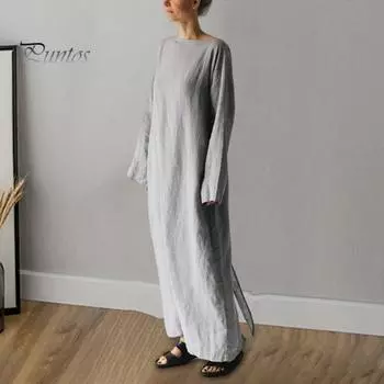 Женское платье макси с вырезом «бато» и длинным рукавом, со свободной талией, на шнуровке, длинное платье, однотонное, свободное, тонкое, повседневное, платье 3XL темно-синий