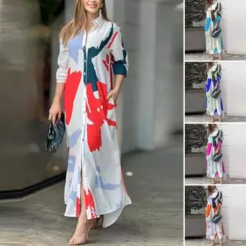 Женское платье макси соответствующего цвета с принтом и отложным воротником, однобортное, с длинными рукавами, свободное, с нерегулярным подолом, повседневное S оранжевый