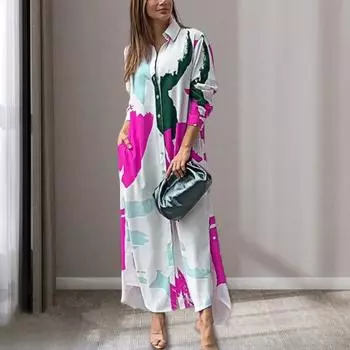 Женское платье макси соответствующего цвета с принтом и отложным воротником, однобортное, с длинными рукавами, свободный, неровный подол S оранжевый