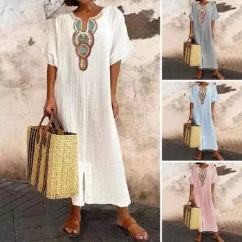 Женское платье макси в богемном стиле с вышивкой и v-образным вырезом с короткими рукавами и вышивкой, повседневная одежда с разрезом до щиколотки, женское платье, женская одежда 4XL светло-синий