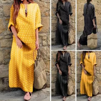 Женское платье макси в горошек с длинным рукавом, халаты, стильные платья-кафтан с передним карманом One size жёлтый