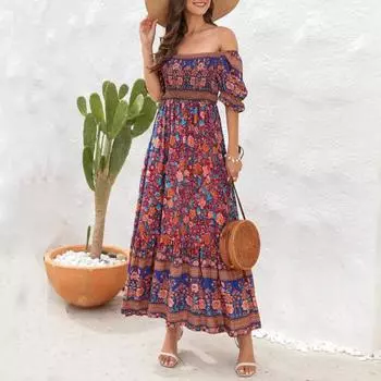Женское платье макси в стиле бохо, летнее повседневное платье с цветочным принтом, струящиеся платья-фонарики с коротким рукавом и квадратным вырезом, платье миди для пляжной вечеринки и свадьбы S зелёный