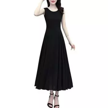 Женское платье миди без рукавов, летнее, с круглым вырезом, струящееся, длинное платье, пляжное, повседневное, плиссированное, свободное, без рукавов, платье M чёрный