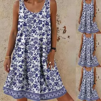 Женское платье-миди без рукавов с принтом, женское летнее пляжное платье для отдыха