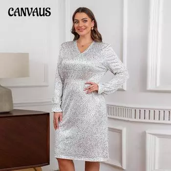 Женское платье миди большого размера, сексуальное, однотонное, серебристое, с эластичной талией, облегающее, с V-образным вырезом и длинными рукавами 1XL серебряный/белый