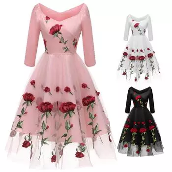 Женское платье миди для выпускного вечера с вышивкой красной розы, сетчатый тюль с рукавами 3/4, свадебный гость, подружка невесты, коктейльная вечеринка, наряд для особых формальных случаев S розовый