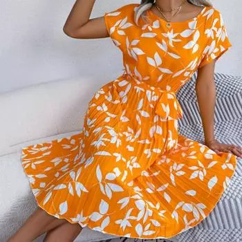 Женское платье миди контрастного цвета с цветочным принтом, большие качели, свободный подол, узкая талия, круглый вырез, плиссированное платье длиной до колена Famel M жёлтый