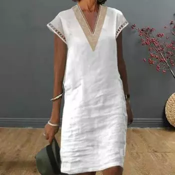 Женское платье миди, кружевное сплошное цветное платье с v-образным вырезом и вырезом длиной до колена, дышащее женское летнее платье с короткими рукавами, женская одежда 3XL белый