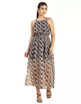 Женское платье миди Moomaya на бретелях, шифон с принтом, платье с эластичной резинкой на талии 3XL чёрный