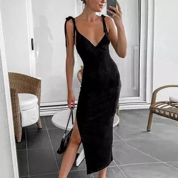 Женское платье миди на бретельках-спагетти с открытой спиной, сексуальные женские платья без рукавов с разрезом по бокам, летняя модная элегантная вечерняя женская одежда S чёрный