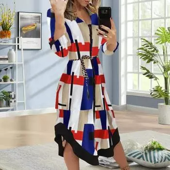 Женское платье миди на пуговицах с V-образным вырезом, длинными рукавами, шнуровкой и принтом, летний повседневный наряд для повседневной носки, коктейльной вечеринки в клубе M синий