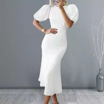 Женское платье миди, облегающее платье с пузырьковыми рукавами и круглым вырезом, свободный подол, узкая талия, длина до середины икры, женское платье для выпускного вечера, коктейльное банкетное платье миди L белый