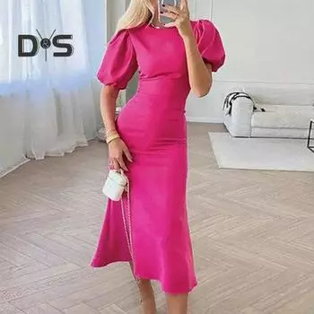 Женское платье миди, облегающее платье с пузырьковыми рукавами и круглым вырезом, свободный подол, узкая талия, длина до середины икры, женское платье для выпускного вечера, коктейльное банкетное платье миди L белый