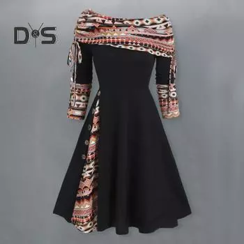 Женское платье миди осень-зима А-силуэта с открытыми плечами и длинным рукавом в клетку с принтом и пуговицами, декорированное на рождественскую вечеринку M красный черный