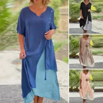 Женское платье-миди Поддельные двухсекционные контрастные цвета с V-образным вырезом Нерегулярные короткие рукава Декор пуговиц Повседневное мягкое дышащее летнее длинное платье длиной до середины икры L розовый