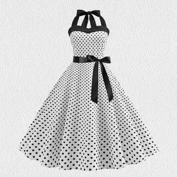 Женское платье-миди с бретелькой на шее, на шнуровке, с высокой талией, с бантом, декор, без рукавов, трапециевидной формы, со свободным подолом, в горошек, с принтом в стиле ретро 50-х, 60-х годов, женское платье для выпускного вечера с открытой спиной S