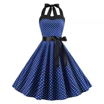 Женское платье-миди с бретелькой на шее, на шнуровке, с высокой талией, с бантом, декор, без рукавов, трапециевидной формы, со свободным подолом, в горошек, с принтом в стиле ретро 50-х, 60-х годов, женское платье для выпускного вечера с открытой спиной S