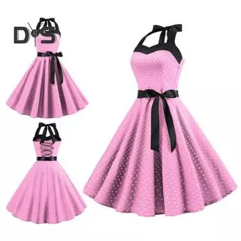 Женское платье миди с бретелью через шею, шнуровкой, облегающим, с высокой талией, бантом, без рукавов, А-силуэта, свободным подолом, принтом в горошек, в стиле ретро 50-х 60-х годов, женское платье для выпускного вечера с открытой спиной L белый