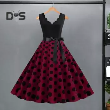 Женское платье миди с цветочным краем, V-образным вырезом, на шнуровке, облегающее, с высокой талией, с бантом, без рукавов, А-силуэта, свободный подол, точечный принт, ретро 50-х 60-х годов, женское платье с открытой спиной, выпускной вечер M белый/красн