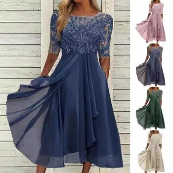 Женское платье миди с цветочным кружевом, летнее шифоновое платье-халат с круглым вырезом, длинное коктейльное вечернее платье для гостей на свадьбе, подружек невесты S синий
