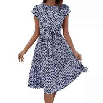 Женское платье миди с цветочным принтом, повседневное платье-трапеция с круглым вырезом, короткими рукавами и поясом, летнее пляжное плиссированное платье-сарафан S