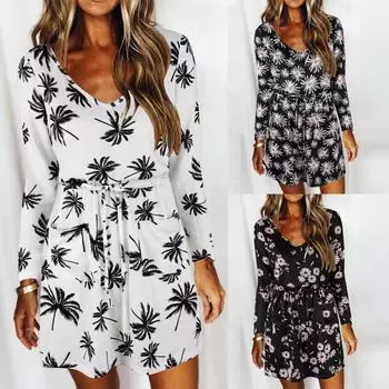 Женское платье миди с цветочным принтом. Женское праздничное повседневное свободное платье с круглым вырезом и длинными рукавами. S белый