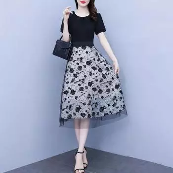 Женское платье миди с цветочным принтом, поддельное сетчатое платье из двух частей с бантом и узкой талией для свиданий с короткими рукавами и круглым вырезом, женское вечернее летнее платье, женская одежда L чёрный