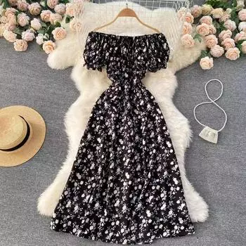 Женское платье миди с цветочным принтом, платья трапециевидной формы с короткими рукавами, летний винтажный пляжный сарафан с открытыми плечами в горошек One Size