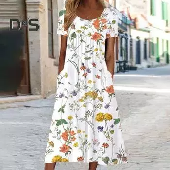 Женское платье миди с цветочным принтом, круглым вырезом, короткими рукавами, А-силуэтом, свободным подолом, длиной до середины икры, плиссированными карманами, мягким дышащим женским платьем для свиданий и вечеринок XL белый