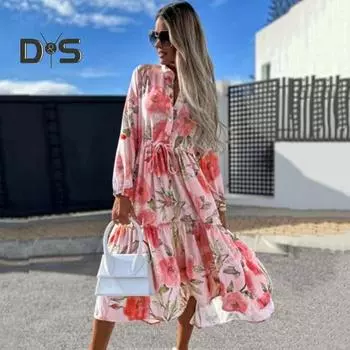 Женское платье миди с цветочным принтом, лацканами в стиле пэчворк, сборками, завязками, высокой узкой талией, А-силуэтом, свободным подолом, длинными рукавами, лацканами, полуоднобортное XL зелёный