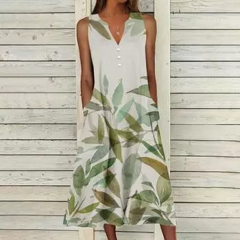 Женское платье миди с цветочным принтом, летнее платье-майка с коротким рукавом и лацканами, повседневное свободное платье длиной до колена XXXXL зелёный
