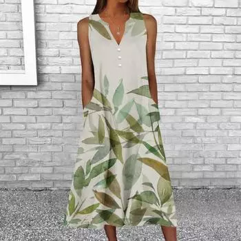 Женское платье миди с цветочным принтом, летнее платье-майка с коротким рукавом и лацканами, повседневное свободное платье длиной до колена XXXXL зелёный