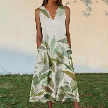 Женское платье миди с цветочным принтом, летнее платье-майка с коротким рукавом и лацканами, повседневное свободное платье длиной до колена XXXXL зелёный