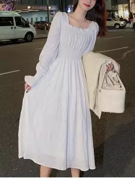 Женское платье миди с длинным рукавом и квадратным воротником, элегантные повседневные длинные платья для вечеринок XL белый