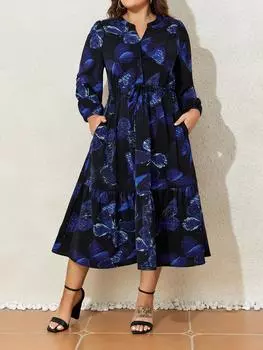 Женское платье миди с длинным рукавом и v-образным вырезом, принтом бабочки, больших размеров, элегантное распашное платье с карманами, 1XL-6XL 1XL королевский синий